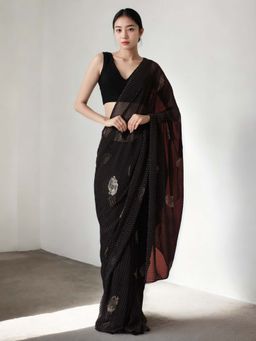 Lush Glam - Chinon Brown Ready To Wear Saree with Unstitched Blouse