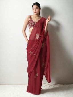 Lush Glam - Pre Stitched Red Chinon Saree with Unstitched Blouse