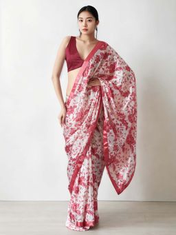 Lush Glam - Chinon Ready To Wear Red Saree with Unstitched Blouse