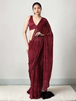 Lush Glam - Pre Stitched Maroon Chinon Saree with Unstitched Blouse