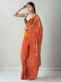 Lush Glam - Ready To Wear Orange Chinon Saree with Unstitched Blouse