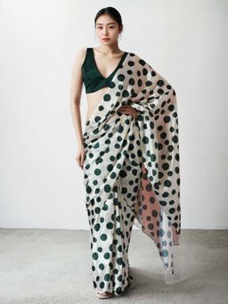 Lush Glam - Chinon Pre-Draped Green Saree with Unstitched Blouse