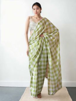 Lush Glam - Chinon Pre-Draped Green Saree with Unstitched Blouse