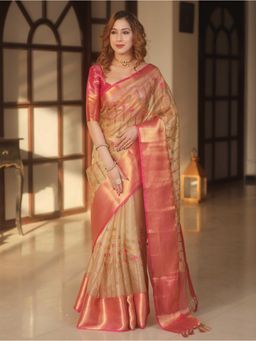 SGF11 - Cream Kanjivaram Pure Soft Silk Handwork Saree with Unstitched Blouse
