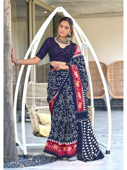 Lush Glam - Blue Printed Pure Mulmul Cotton Saree with Unstitched Blouse