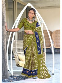 Lush Glam - Green Printed Pure Mulmul Cotton Saree with Unstitched Blouse