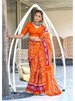 Lush Glam - Orange Printed Pure Mulmul Cotton Saree with Unstitched Blouse
