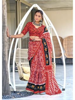 Lush Glam - Red Printed Pure Mulmul Cotton Saree with Unstitched Blouse