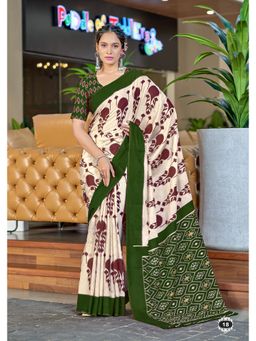 Lush Glam - Green Printed Soft Pure Cotton Saree with Unstitched Blouse