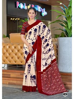 Lush Glam - Maroon Printed Soft Pure Cotton Saree with Unstitched Blouse