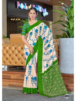 Lush Glam - Green Printed Soft Pure Cotton Saree with Unstitched Blouse