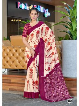 Lush Glam - Wine Printed Soft Pure Cotton Saree with Unstitched Blouse