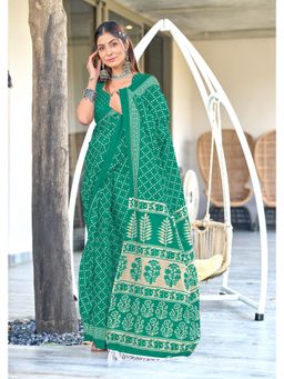 Lush Glam - Pure Cotton Green Printed Saree with Unstitched Blouse