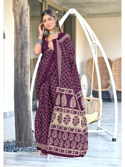 Lush Glam - Pure Cotton Wine Printed Saree with Unstitched Blouse