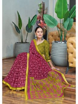 Lush Glam - Pink Printed Pure Mulmul Cotton Saree with Unstitched Blouse