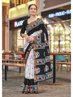 Lush Glam - Black Printed Pure Mulmul Cotton Saree with Unstitched Blouse