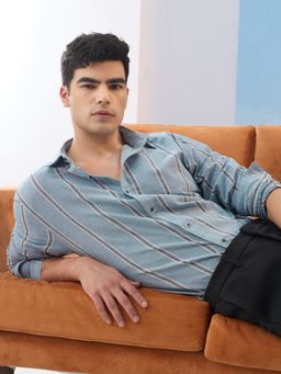 The Souled Store - Originals Cotton Linen Stripes: Azure Men Oversized Blue Shirt