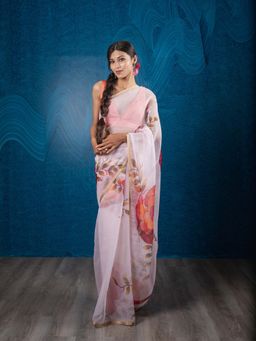 EXCLUSIVA - Pink Floral Organza Digital Print Saree Zari Border with Unstitched Blouse