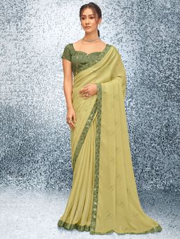 Akhilam - Womens Satin Olive Embellished Designer Saree with Unstitched Blouse