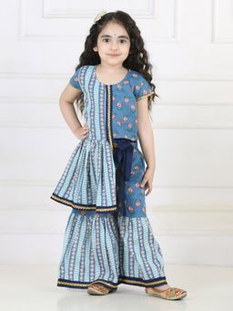 Kinder Kids - Blue Floral High Low Kurti Paired With Sharara (Set of 2)