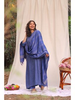 Sutra Art of Clothing - Marine Blue Soft Cotton Silk Woven Kurta with Pants and Dupatta