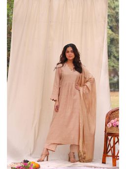 Sutra Art of Clothing - Beige Soft Cotton Silk Woven Kurta with Pant and Dupatta