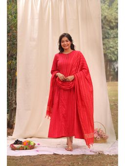 Sutra Art of Clothing - Candy Red Soft Cotton Silk Woven Kurta with Pants and Dupatta