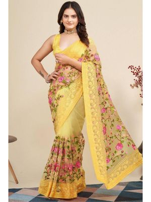 SGF11 Yellow Soft Net Embroidery Work Saree with Unstitched Blouse