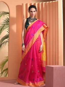 Beatitude - Pink Blended Cotton Woven Saree with Unstitched Blouse