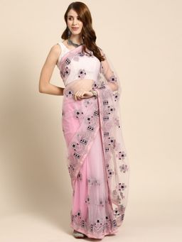 Odette - Pink Net Embroidered Saree with Unstitched Blouse