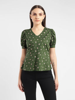 Levi's - Women's Floral Print Green V-Neck Top