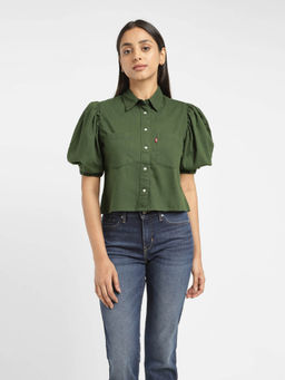 Levi's - Women's Solid Green Spread Collar Neck Top