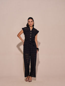 Style Island - Black Lara Schiffli Jumpsuit with Belt