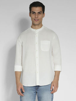 American Eagle - Men Solid White Band Collar Linen Button-Up Shirt