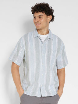 American Eagle - Men Grey Stripes Button-Up Poolside Shirt