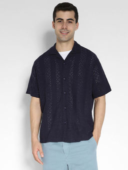 American Eagle - Men Embroidered Blue Button-Up Poolside Shirt