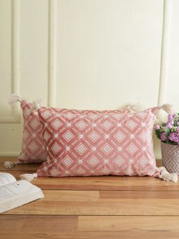 Eyda - Super Soft Pink Color Set Of 2 Embroidered Cushion Cover-12X20 Inch