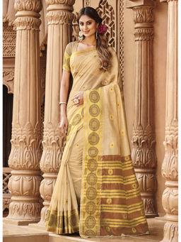 Sangam Prints - Beige Woven Rich Pallu Work Traditional Saree with Unstitched Blouse