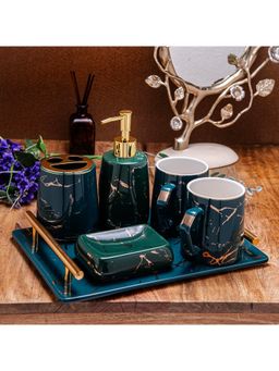 Gibox - Green Ceramic Bathroom Set 6 Pc Marble Design with Gold Finish