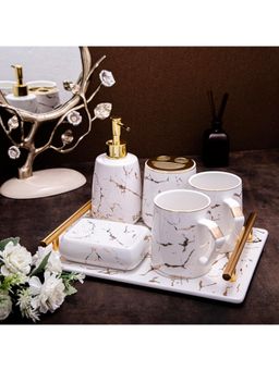 Gibox - White Ceramic Bathroom Set 6 Pc Marble Design with Gold Finish