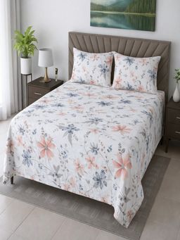 Threadwear - Off White Floral 400 TC Cotton Flat Bedsheet With 2 Pillow covers (Super King)