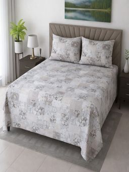 Threadwear - Grey Floral 400 TC Cotton Flat Bedsheet With 2 Pillow covers (Super King)