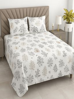 Threadwear - White Floral 400 TC Cotton Flat Bedsheet With 2 Pillow covers (Super King)
