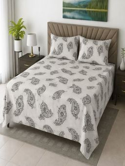 Threadwear - White Floral Cotton Flat Bedsheet With 2 Pillow cover (Super King)