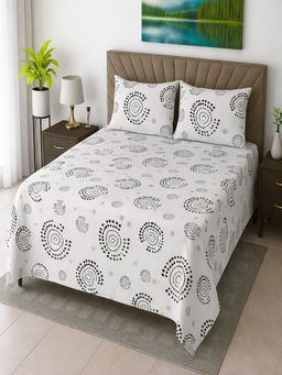 Threadwear - White Geometric Cotton Flat Bedsheet With 2 Pillow cover (Super King)