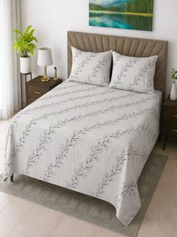 Threadwear - White Floral Cotton Flat Bedsheet With 2 Pillow cover (Super King)