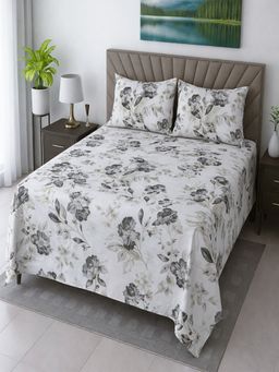 Threadwear - White Floral 400 TC Cotton Flat Bedsheet With 2 Pillow cover (Super King)