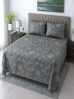 Threadwear - Slate Grey Floral 400 TC Cotton Flat Bedsheet With 2 Pillow cover (Super King)