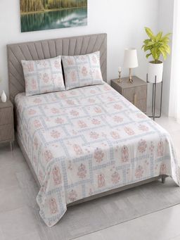 Threadwear - White Floral 400 TC Cotton Flat Bedsheet With 2 Pillow cover (Super King)