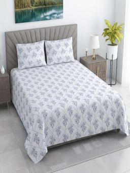 Threadwear - White Floral Cotton Flat Bedsheet With 2 Pillow cover (Super King)